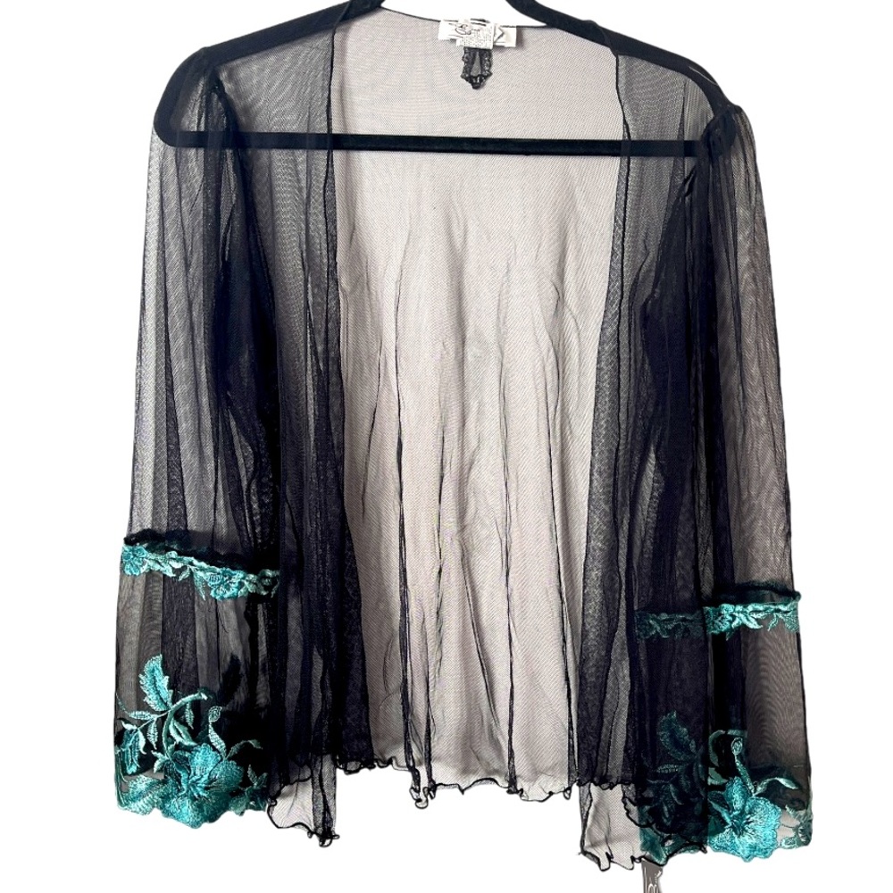 NWT Escante Collection Sheer Black Cardigan with Blue‎ Embroidered Flowers